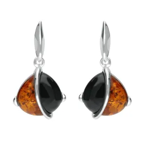 Sterling Silver Whitby Jet Amber Double Stone Pear Drop Earrings