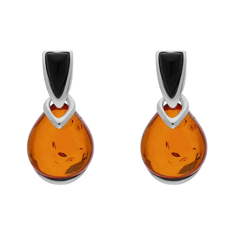 Sterling Silver Whitby Jet Amber Triangle Top Round Drop Earrings