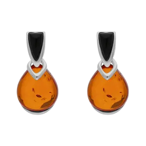 Sterling Silver Whitby Jet Amber Triangle Top Round Drop Earrings