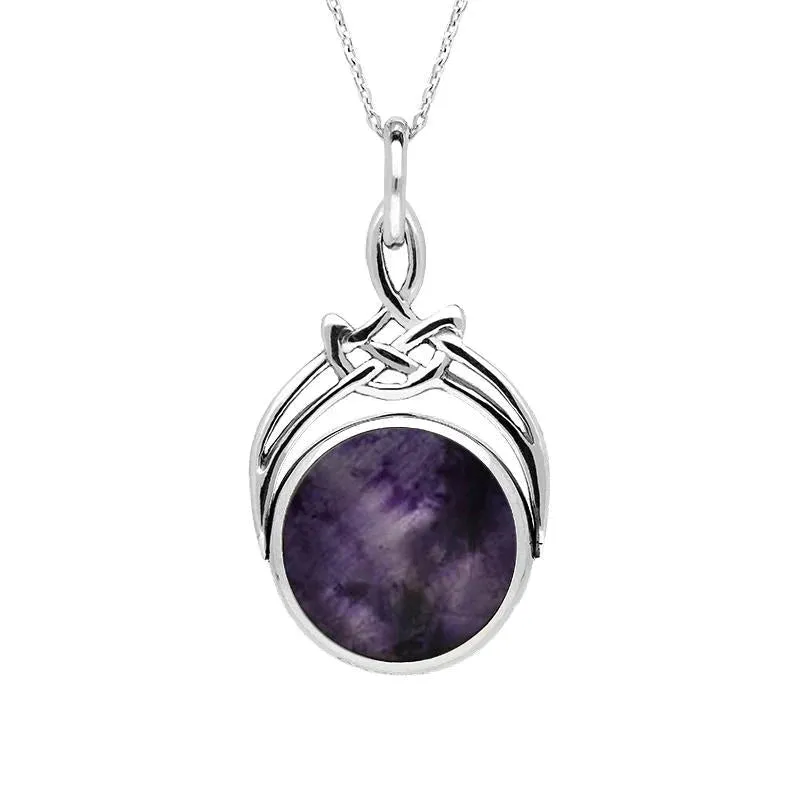 Sterling Silver Whitby Jet Blue John Round Swivel Fob Necklace