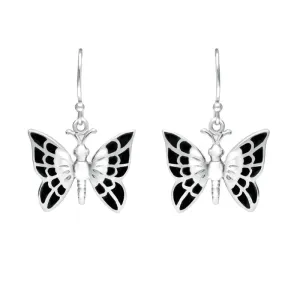 Sterling Silver Whitby Jet Butterfly Drop Earrings