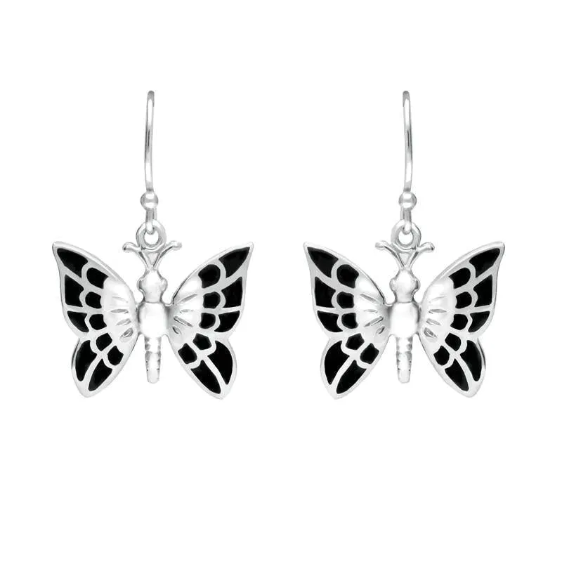 Sterling Silver Whitby Jet Butterfly Drop Earrings