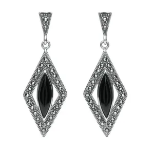 Sterling Silver Whitby Jet Drop Marquise Marcasite Earrings