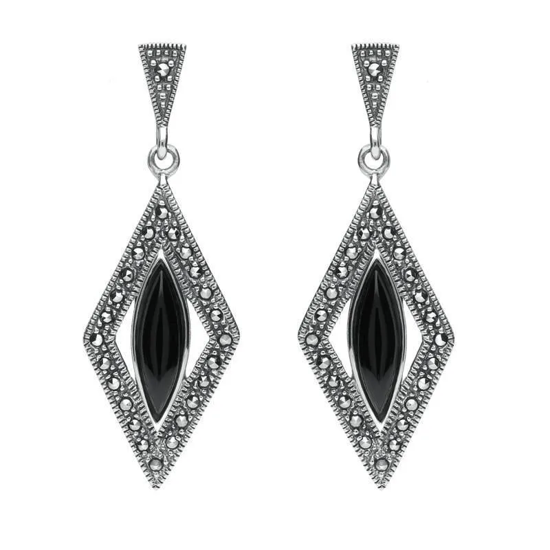 Sterling Silver Whitby Jet Drop Marquise Marcasite Earrings