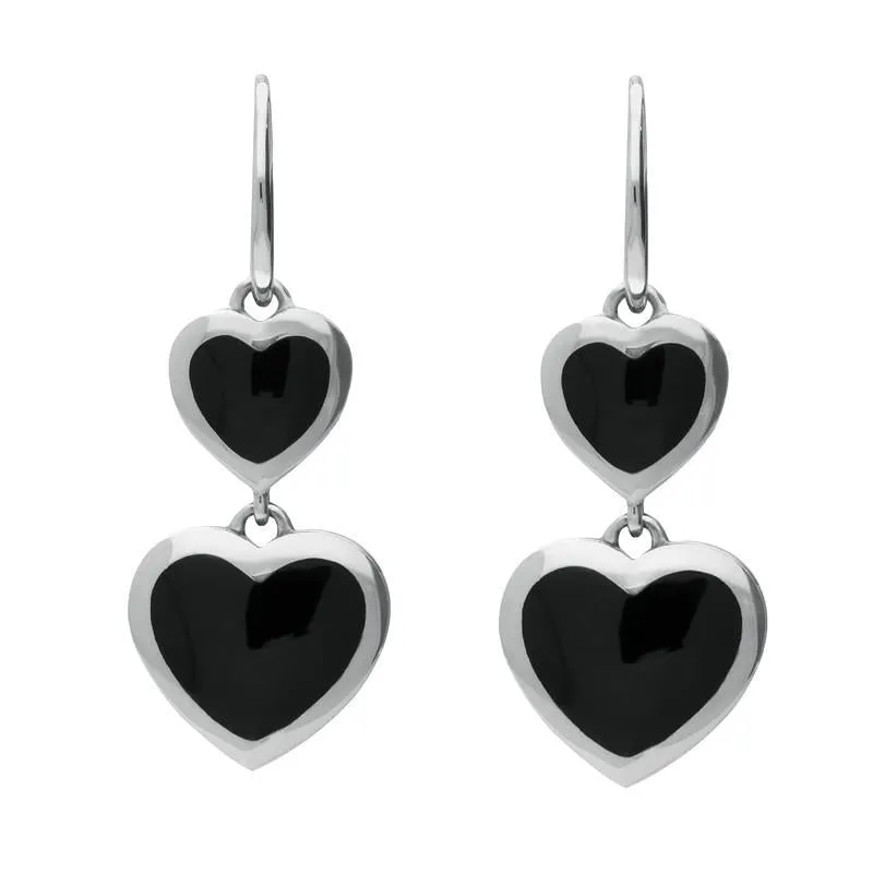 Sterling Silver Whitby Jet Essence Graduated Heart Hook Earrings