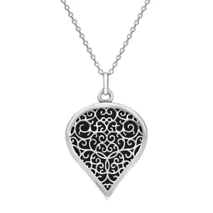 Sterling Silver Whitby Jet Flore Filigree Large Heart Necklace
