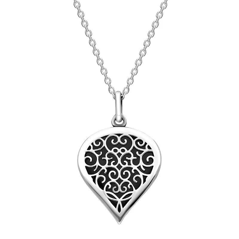 Sterling Silver Whitby Jet Flore Filigree Medium Heart Necklace
