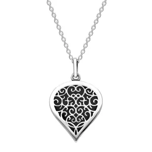 Sterling Silver Whitby Jet Flore Filigree Medium Heart Necklace