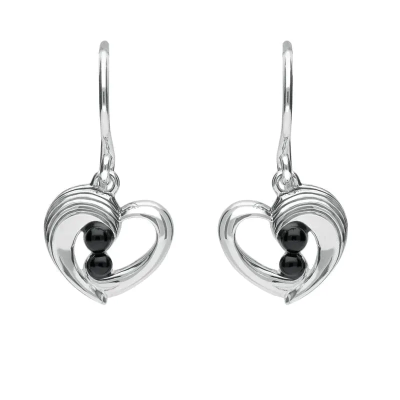 Sterling Silver Whitby Jet Half Ridge Stone Heart Drop Earrings