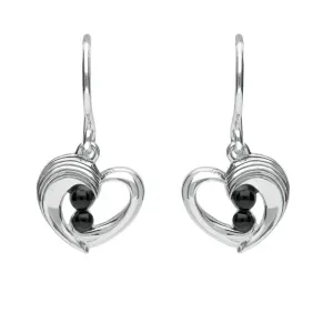 Sterling Silver Whitby Jet Half Ridge Stone Heart Drop Earrings