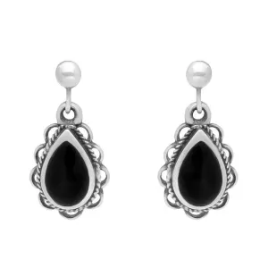 Sterling Silver Whitby Jet Heritage Pear Rope Frill Drop Earrings