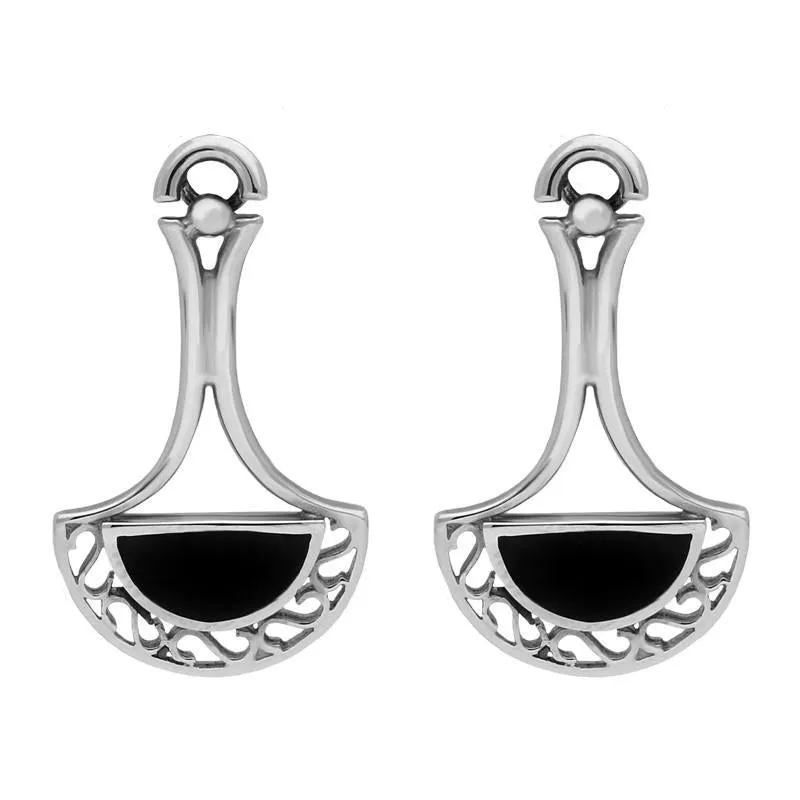 Sterling Silver Whitby Jet Heritage Pierced Fan Drop Earrings