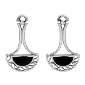 Sterling Silver Whitby Jet Heritage Pierced Fan Drop Earrings