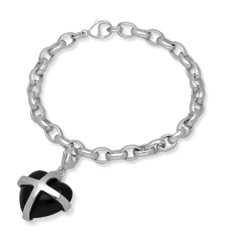 Sterling Silver Whitby Jet Large Cross Heart Charm Bracelet