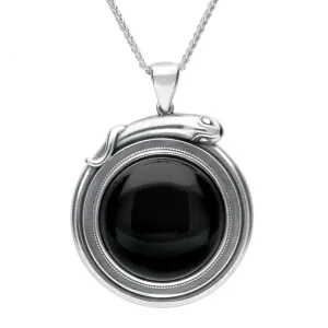 Sterling Silver Whitby Jet Large Round Snake Edge Necklace