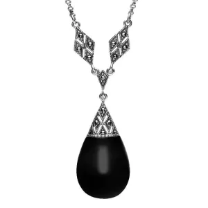 Sterling Silver Whitby Jet Marcasite Pear Drop Necklace