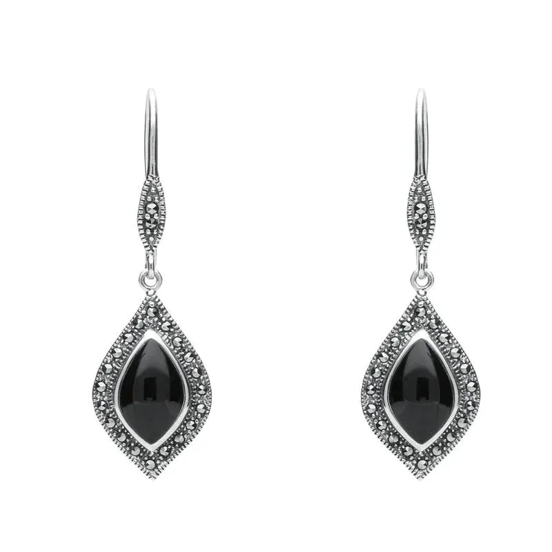 Sterling Silver Whitby Jet Marcasite Pointed Pear Hook Earrings