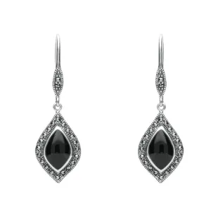Sterling Silver Whitby Jet Marcasite Pointed Pear Hook Earrings