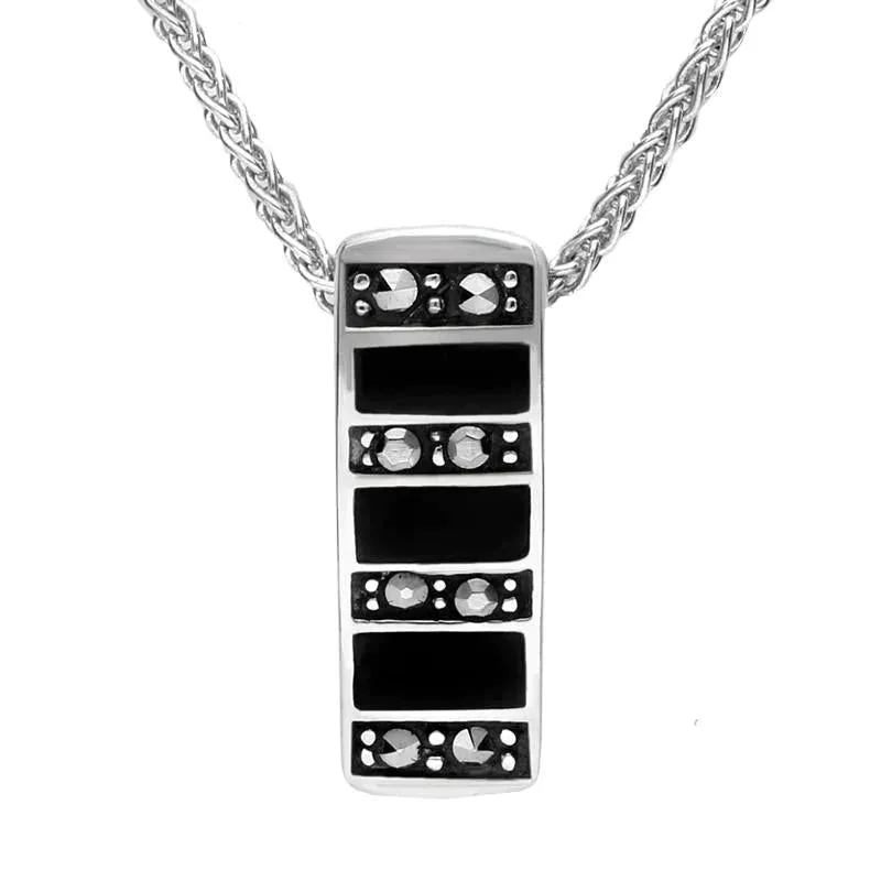 Sterling Silver Whitby Jet Marcasite Seven Row Small Oblong Necklace
