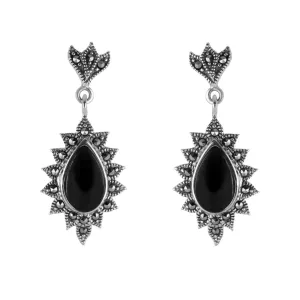 Sterling Silver Whitby Jet Marcasite Vintage Drop Tear Earrings