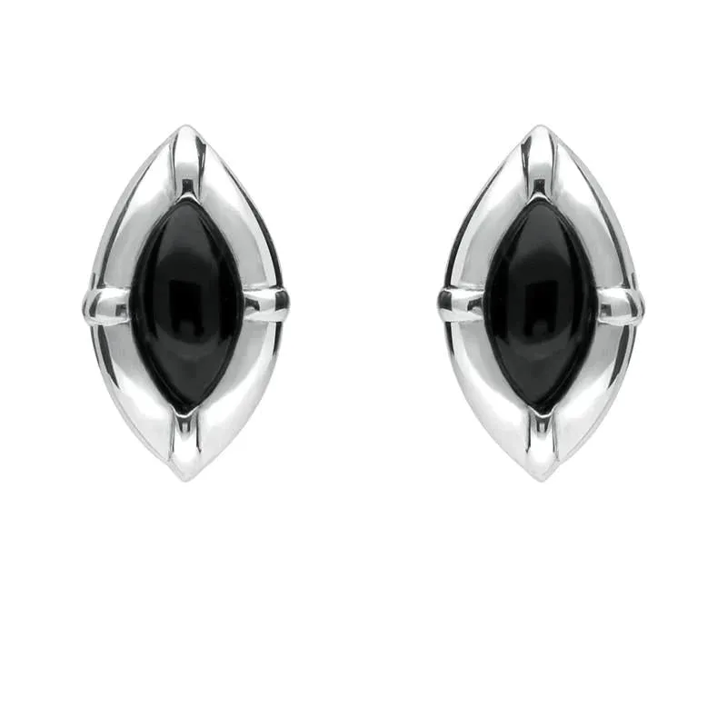 Sterling Silver Whitby Jet Marquise Beaded Edge Stud Earrings