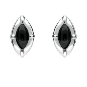 Sterling Silver Whitby Jet Marquise Beaded Edge Stud Earrings