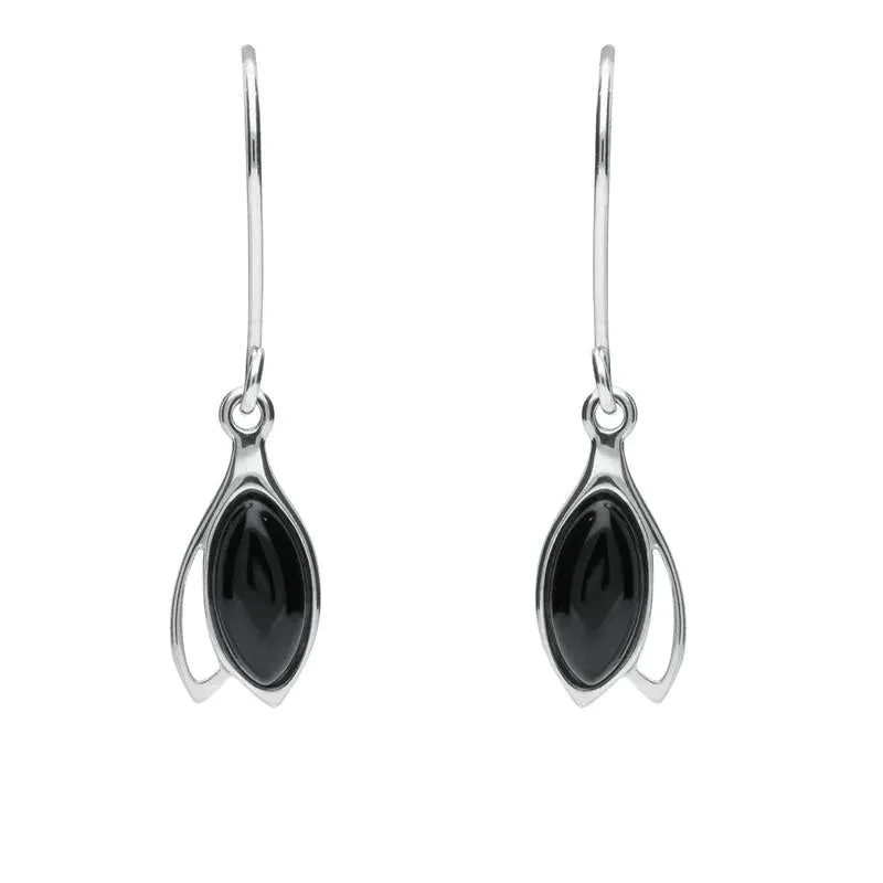 Sterling Silver Whitby Jet Marquise Drop Hook Earrings