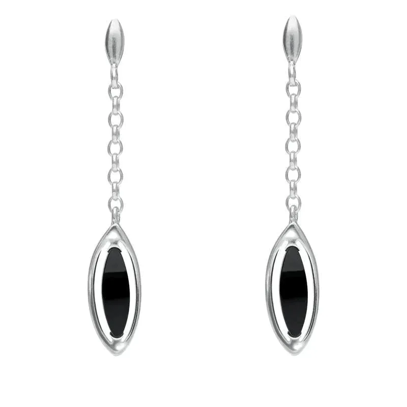 Sterling Silver Whitby Jet Marquise Open Edge Chain Drop Earrings