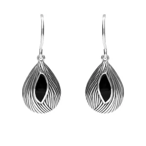 Sterling Silver Whitby Jet Marquise Shape Wave Wood Effect Earrings