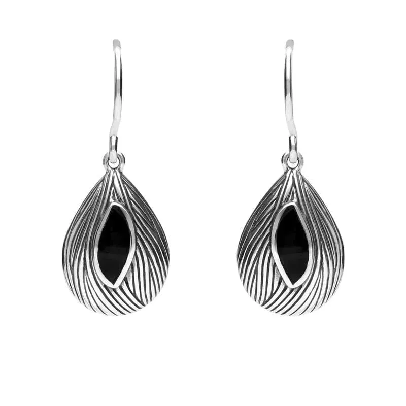 Sterling Silver Whitby Jet Marquise Shape Wave Wood Effect Earrings