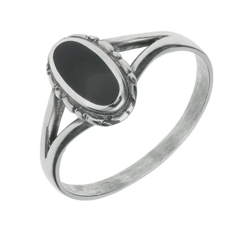Sterling Silver Whitby Jet Oval Split Shoulder Ring