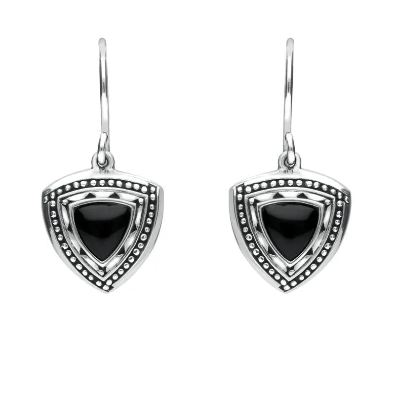 Sterling Silver Whitby Jet Oxidised Shield Drop Earrings