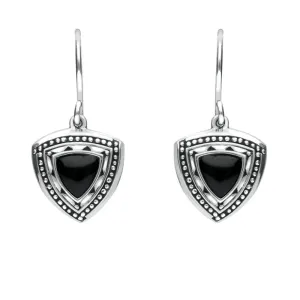 Sterling Silver Whitby Jet Oxidised Shield Drop Earrings