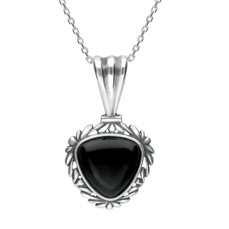 Sterling Silver Whitby Jet Patterned Edge Curved Triangle Necklace