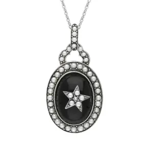 Sterling Silver Whitby Jet Pearl Framed Large Oval Flower Necklace