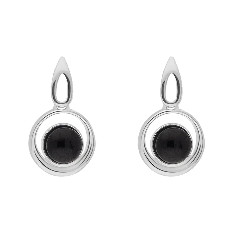 Sterling Silver Whitby Jet Round Swirl Drop Earrings