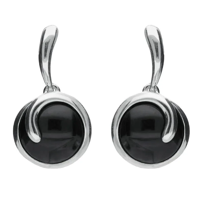 Sterling Silver Whitby Jet Round Swirl Drop Earrings