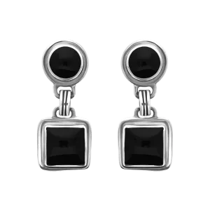 Sterling Silver Whitby Jet Round Top Square Drop Earrings