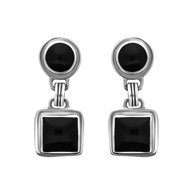 Sterling Silver Whitby Jet Round Top Square Drop Earrings