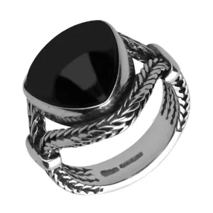 Sterling Silver Whitby Jet Triangle Split Shoulder Foxtail Ring D
