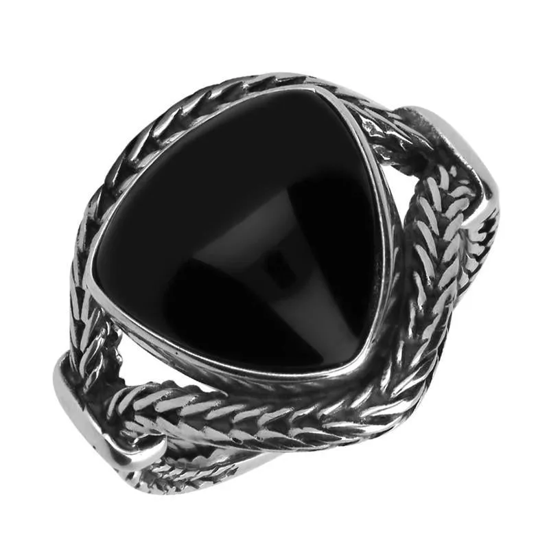 Sterling Silver Whitby Jet Triangle Split Shoulder Foxtail Ring D