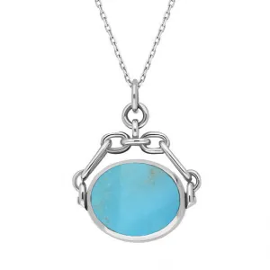 Sterling Silver Whitby Jet Turquoise Double Sided Swivel Fob Necklace