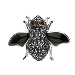 Sterling Silver Whitby Jet Wings Marcasite Garnet Bee Brooch