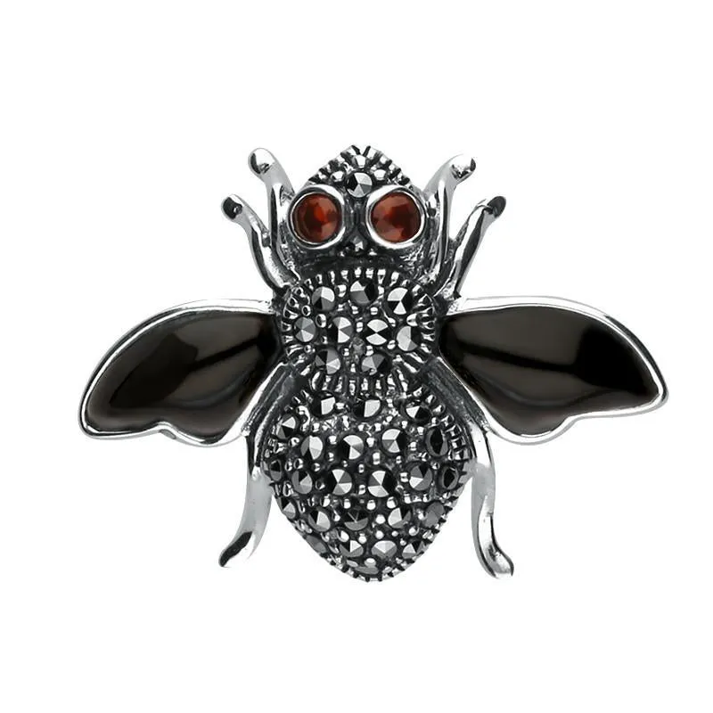 Sterling Silver Whitby Jet Wings Marcasite Garnet Bee Brooch