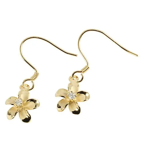 Sterling Silver Yellow Gold Plated 10mm Plumeria with CZ Prong Hook Earrings