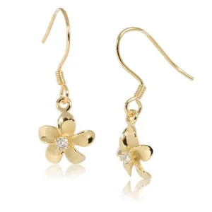 Sterling Silver Yellow Gold Plated 10mm Plumeria with CZ Prong Hook Earrings