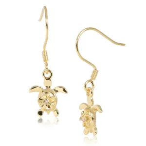 Sterling Silver Yellow Gold Plated 4mm Plumeria with CZ in Honu (Hawaiian Turtle) Hook Earrings