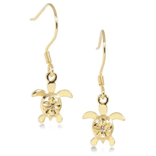Sterling Silver Yellow Gold Plated 4mm Plumeria with CZ in Honu (Hawaiian Turtle) Hook Earrings