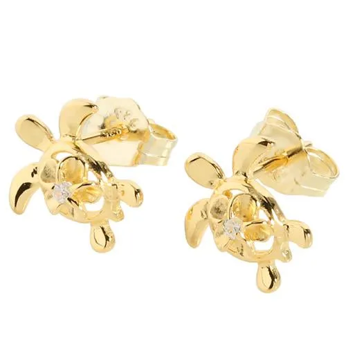 Sterling Silver Yellow Gold Plated 4mm Plumeria with CZ in Honu (Hawaiian Turtle) Post Earrings