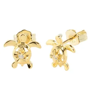 Sterling Silver Yellow Gold Plated 4mm Plumeria with CZ in Honu (Hawaiian Turtle) Post Earrings
